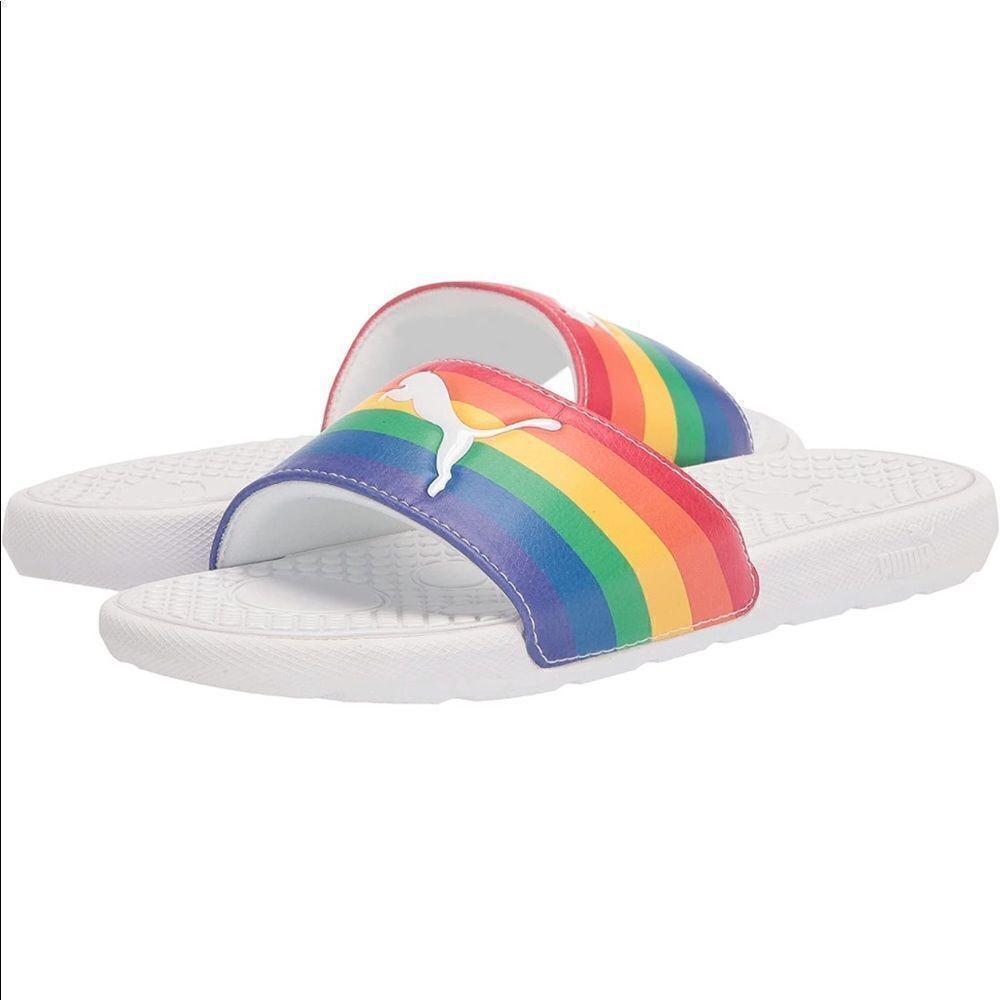 NWT New PUMA Cool Cat Sport Slides Sandals White Rainbow Pride Stripe Logo 7